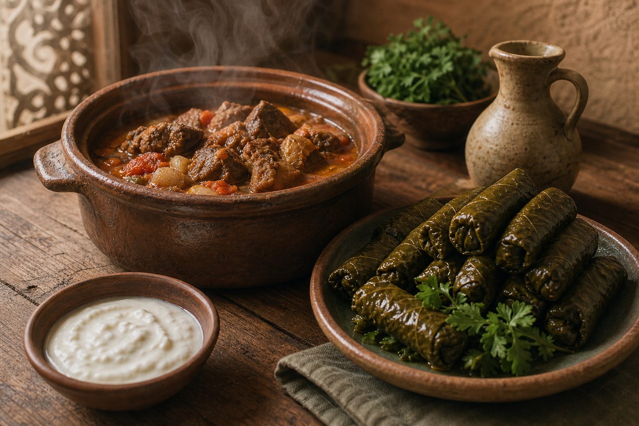 يخنة وورق عنب على مائدة عربية بإضاءة ناعمة