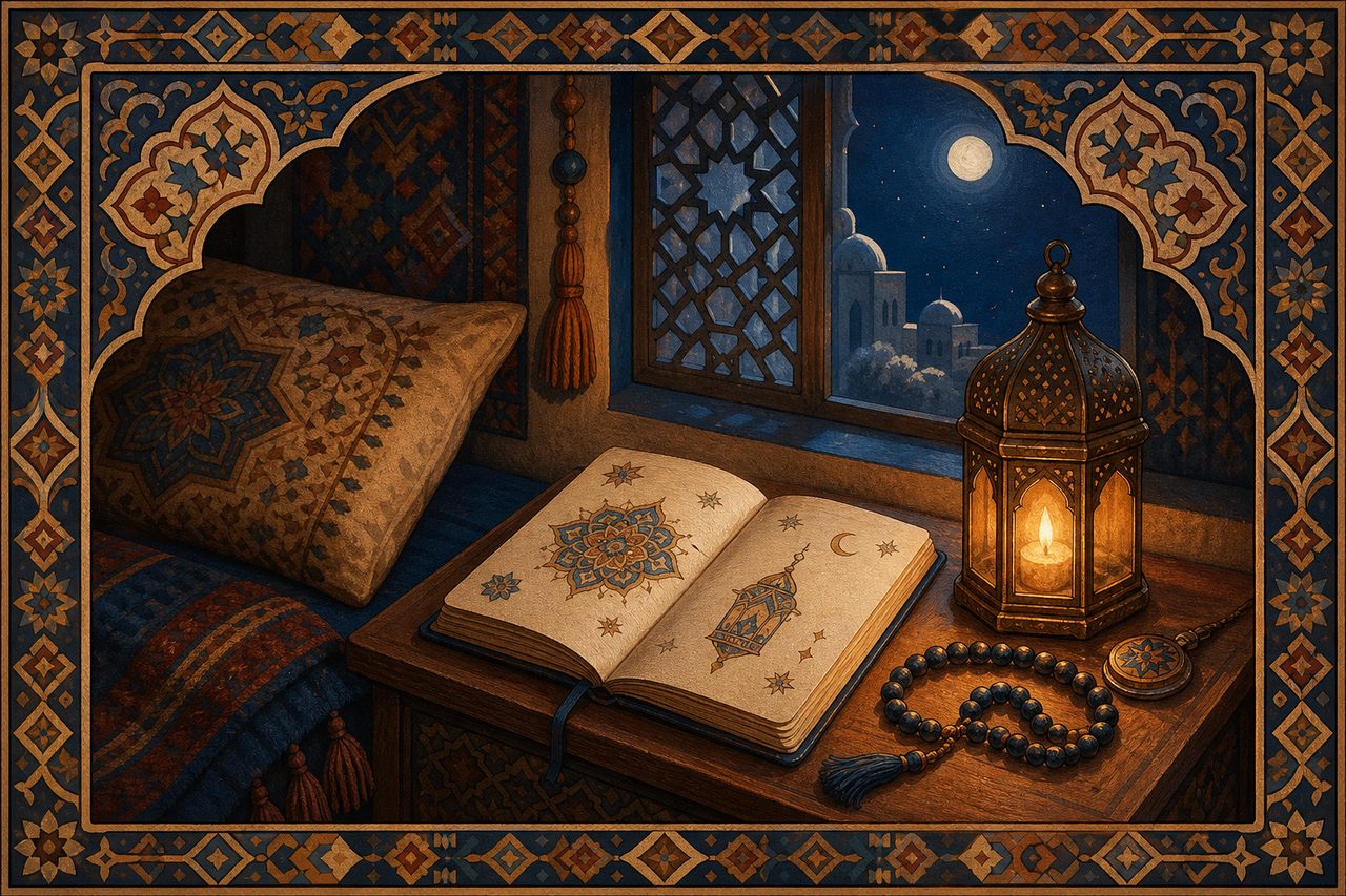 مصباح ليلي ودفتر أحلام محاطان بزخارف تراثية