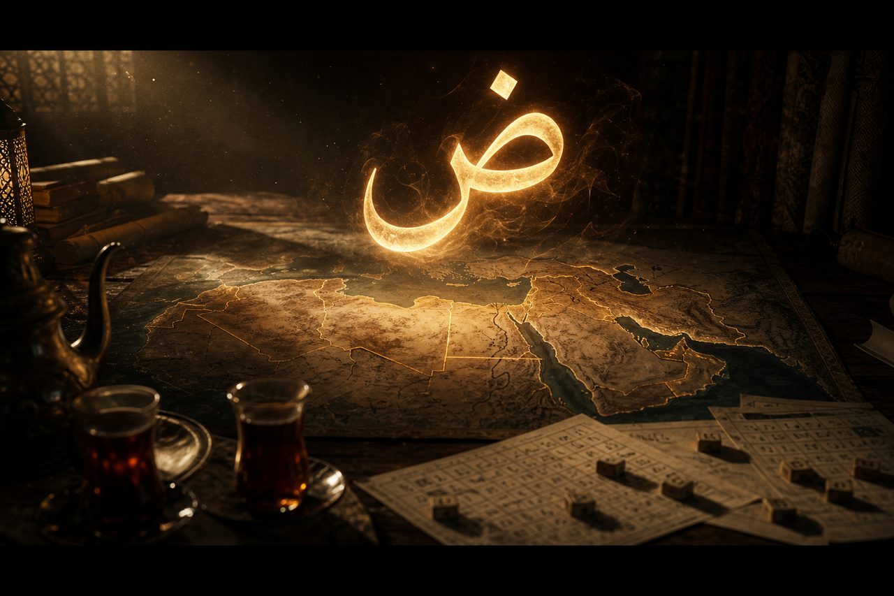 مخطوطة درامية لحرف الضاد فوق خريطة عربية مظللة