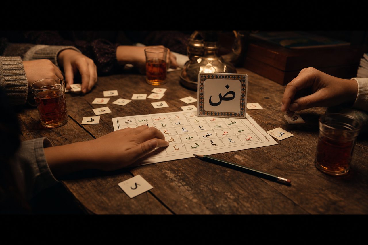 أوراق لعبة الحروف على طاولة شاي عربية مع حرف الضاد
