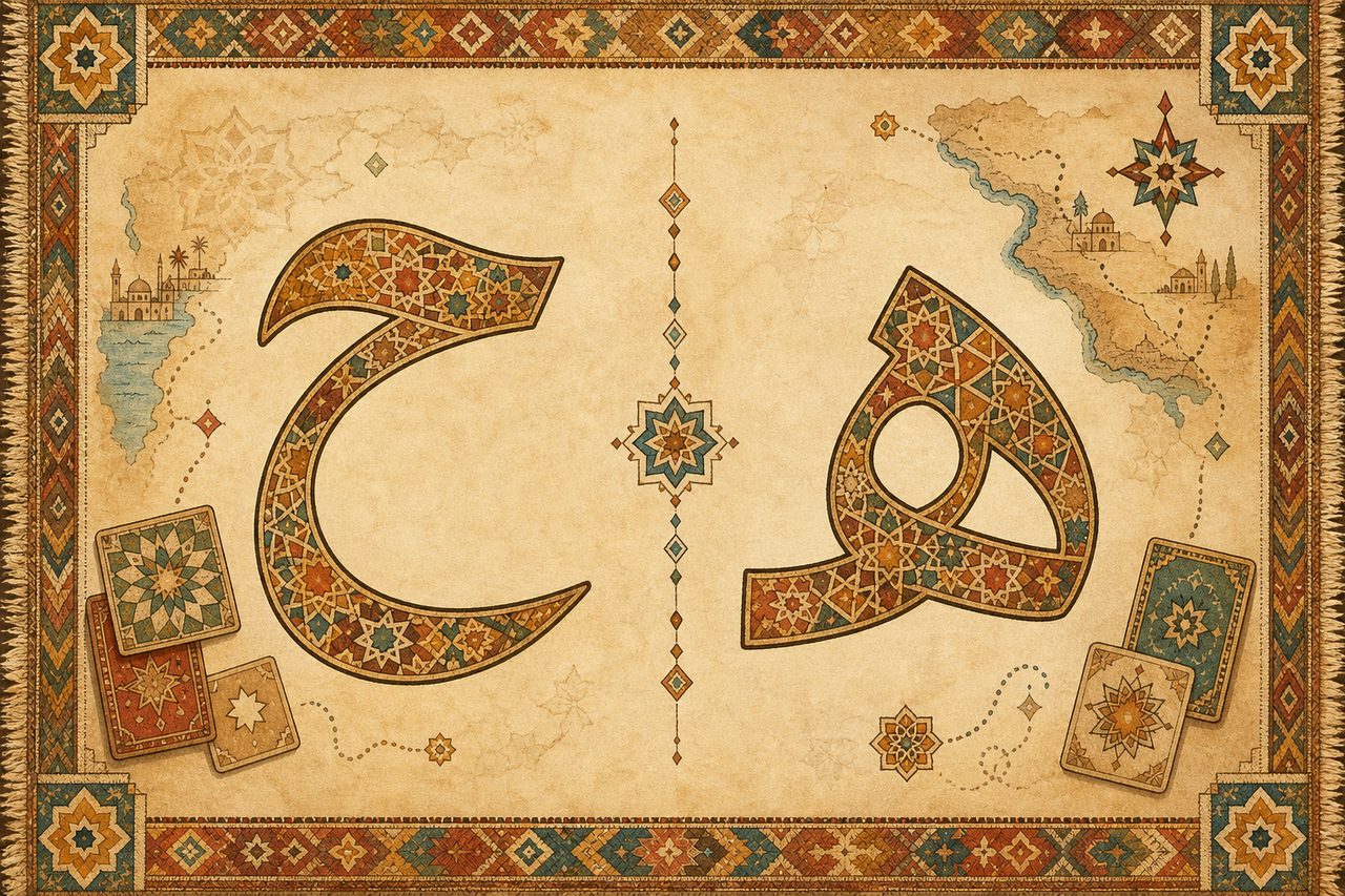 مقارنة زخرفية بين حرف الحاء والهاء في خرائط وألعاب حروف