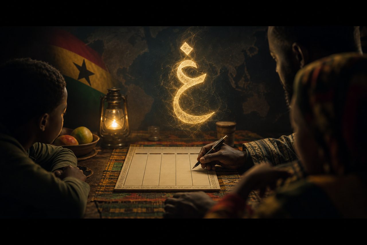طاولة لعبة حروف بإضاءة سينمائية وحرف الغين
