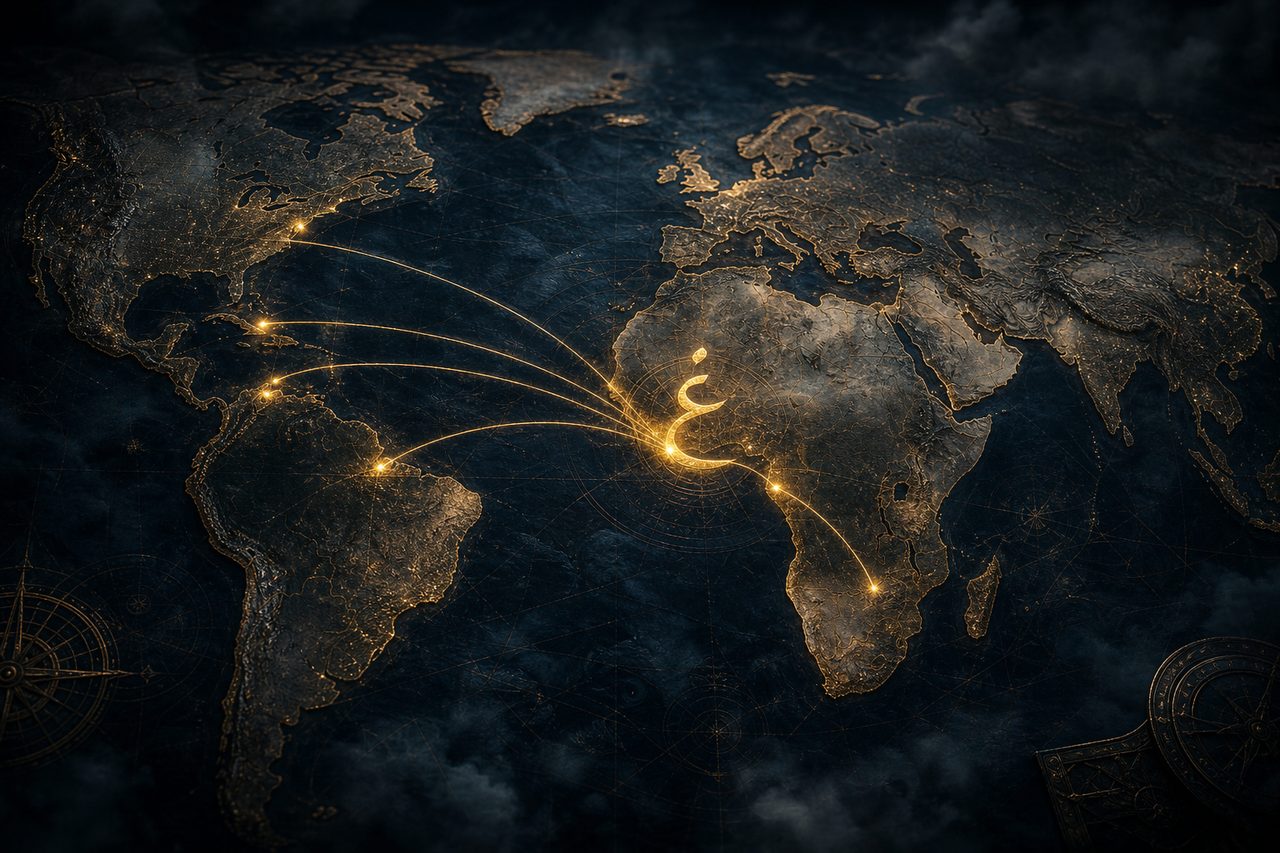 خريطة داكنة مع مسارات ضوئية نحو دول تبدأ بحرف الغين