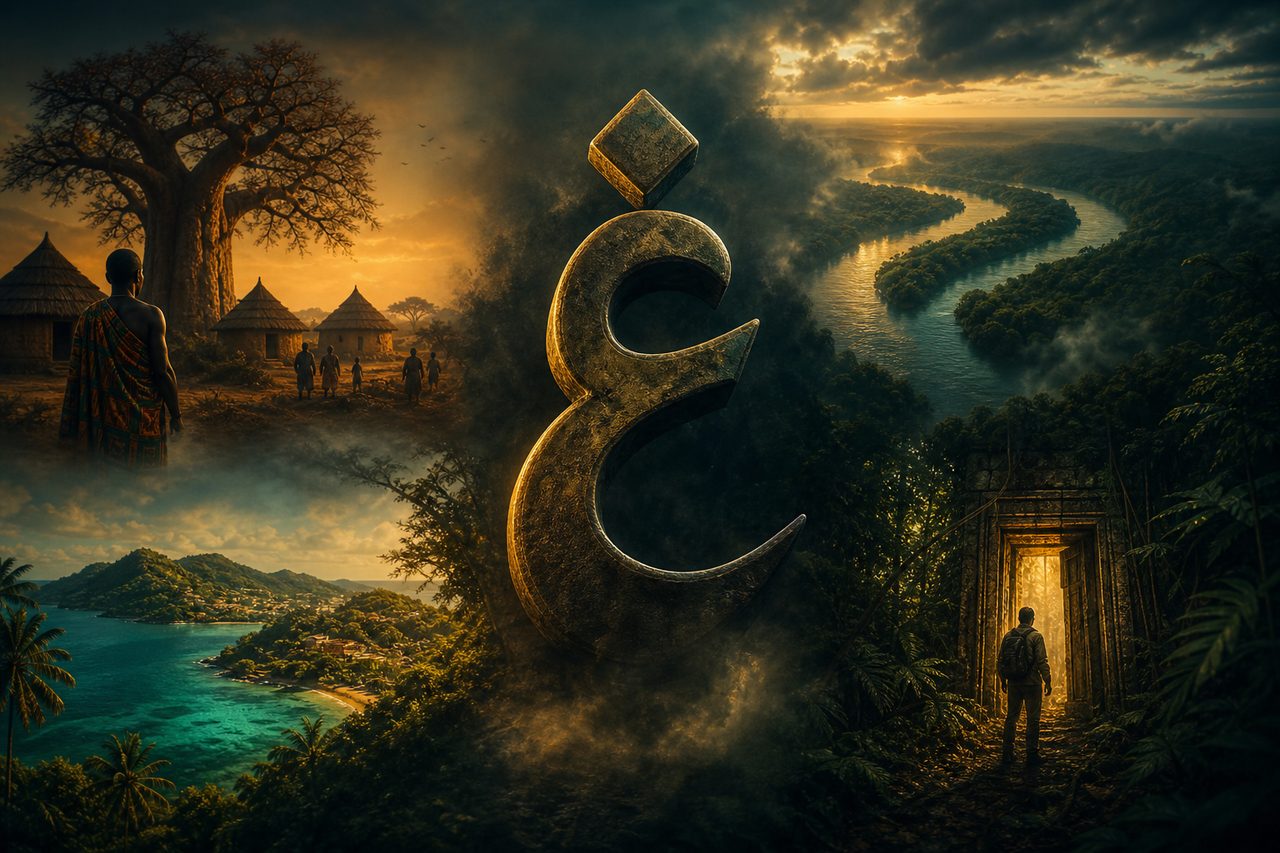 حرف الغين مع مشاهد ذاكرة ذهب ونهر وجزيرة بإضاءة درامية
