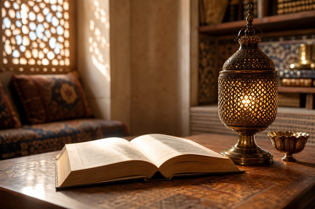 مصباح دافئ وكتاب مفتوح في مجلس عربي هادئ يرمزان للتأمل في الرؤى