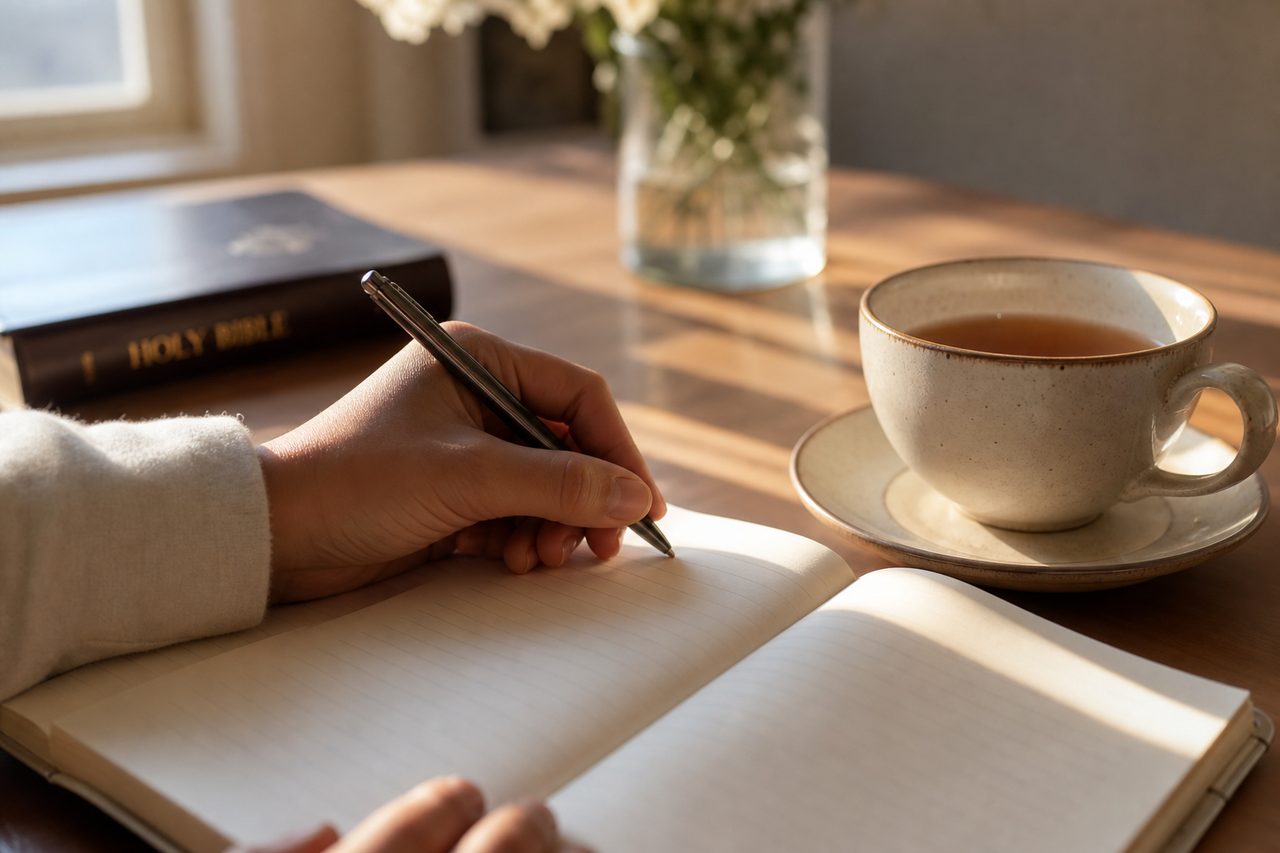 يد تكتب دعاء بجانب كوب شاي ونور نافذة دافئ بعد رؤيا مؤثرة