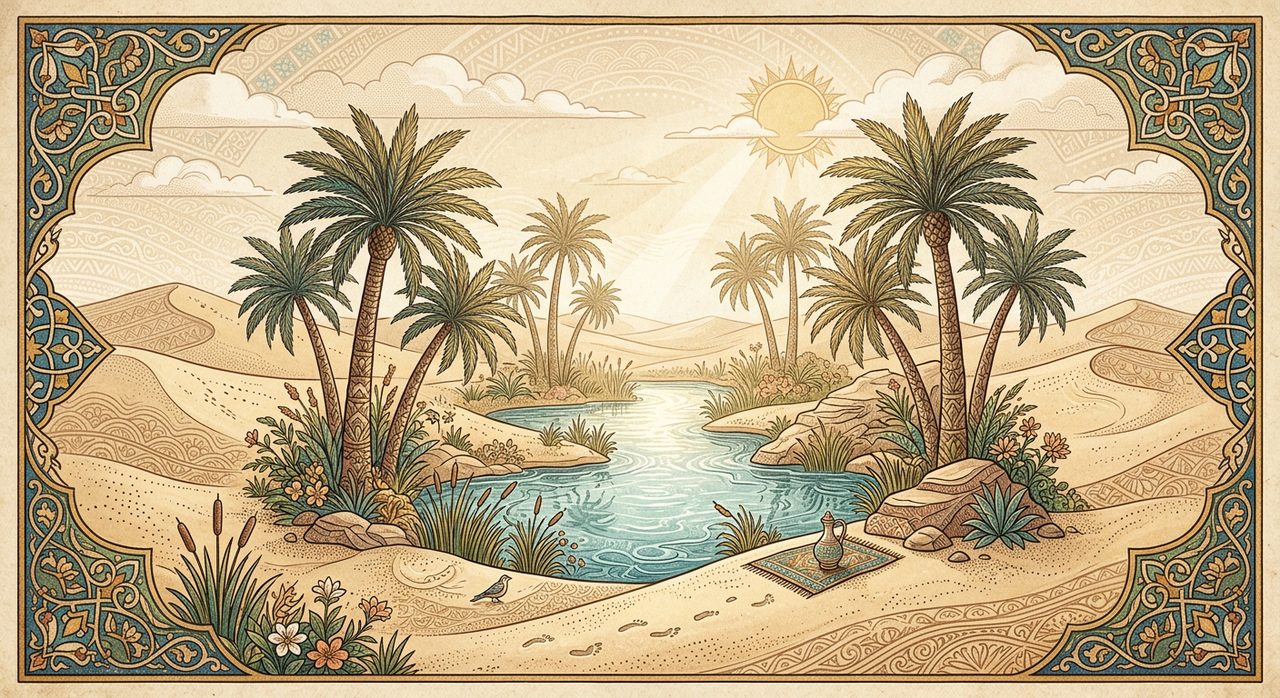 واحة هادئة وسط الصحراء ترمز إلى السكينة والفرج