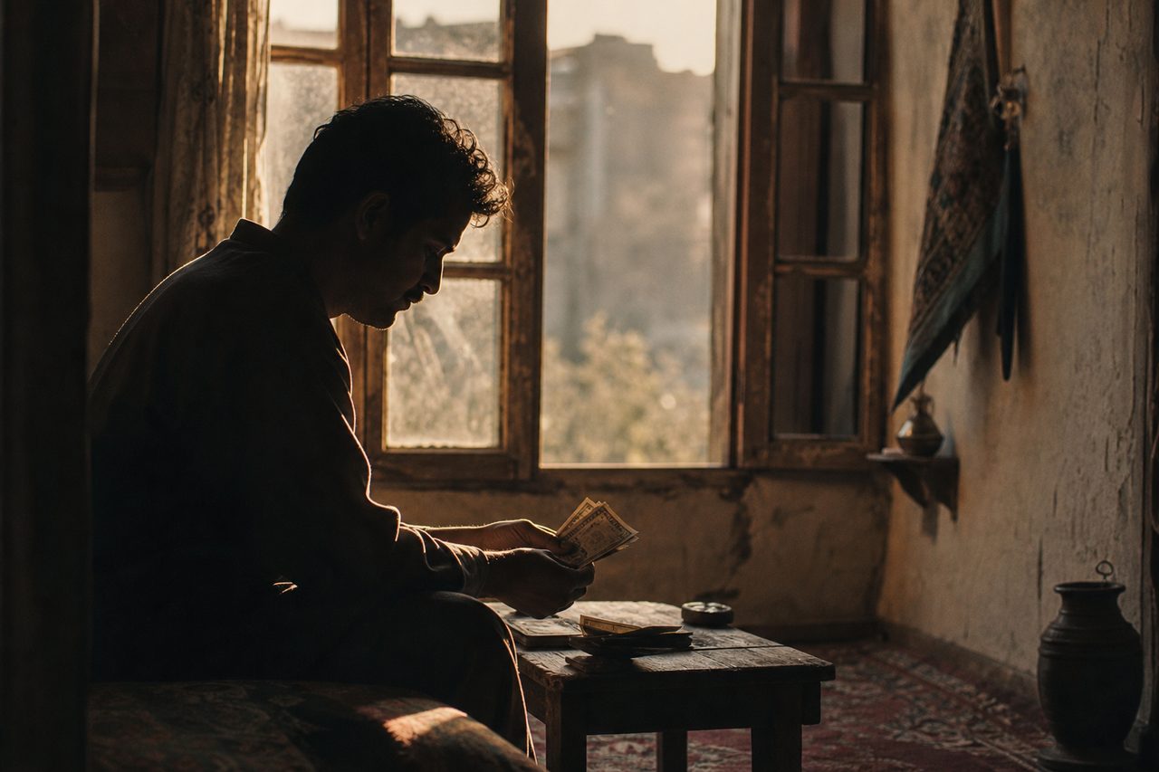 ظل شخص يعد النقود قرب نافذة قديمة في ضوء دافئ