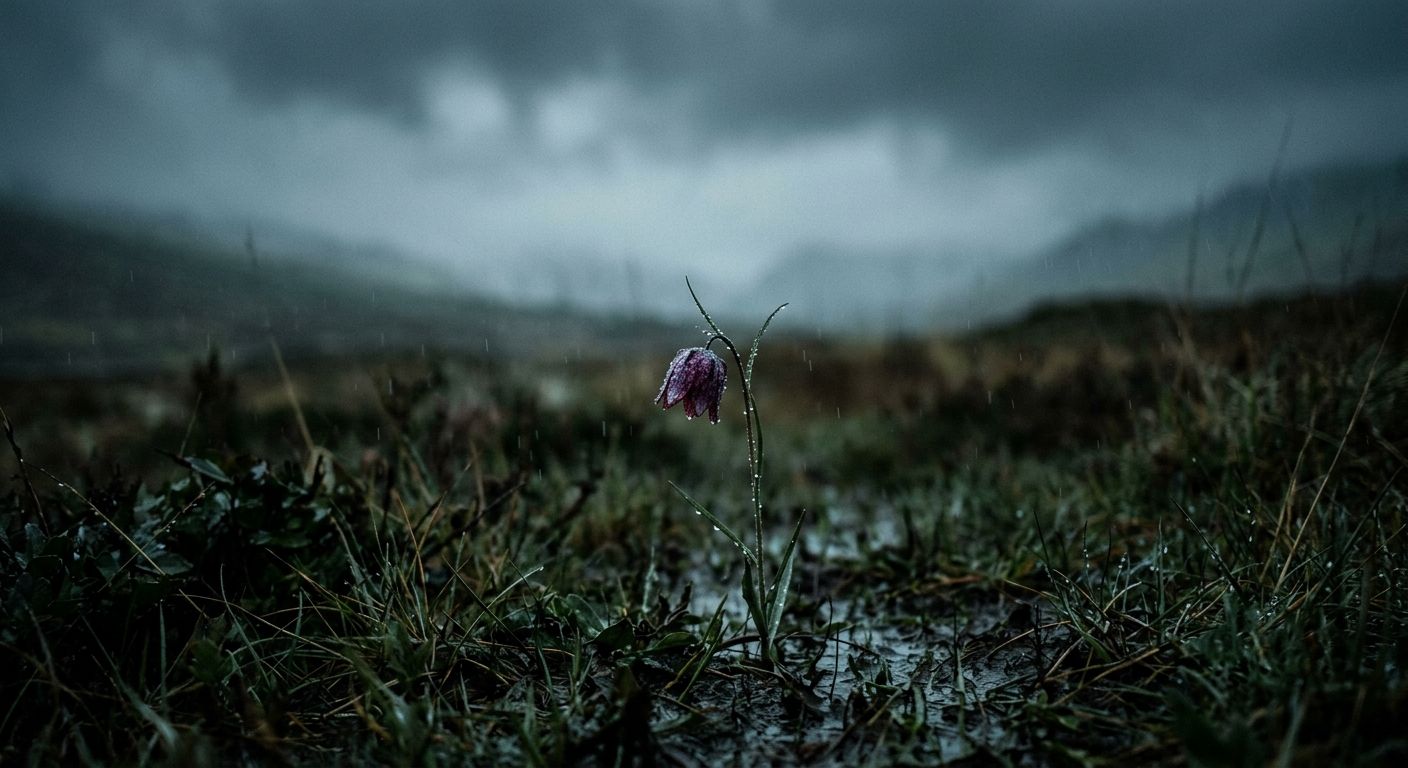 A delicate flower standing in misty rain, symbolizing emotional closure
