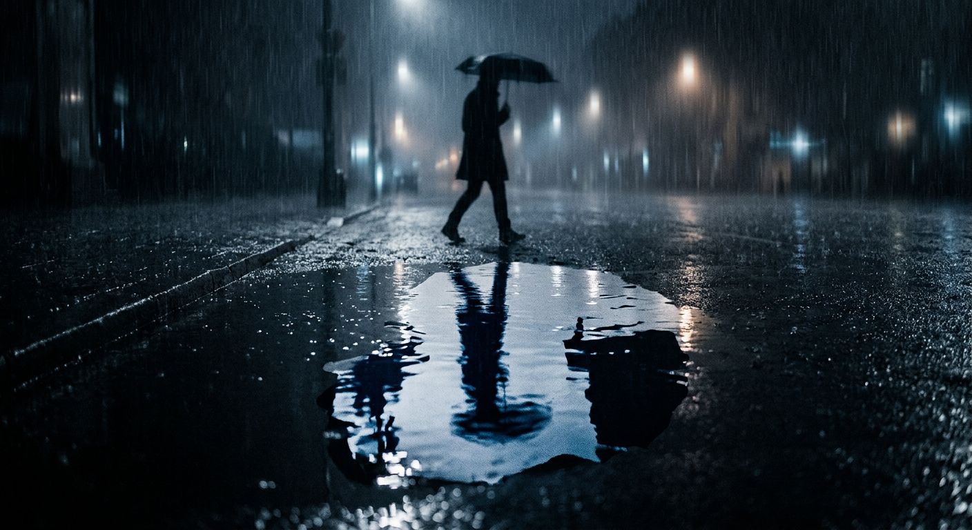 Abstract reflection in a puddle on a rainy night, representing fading memories