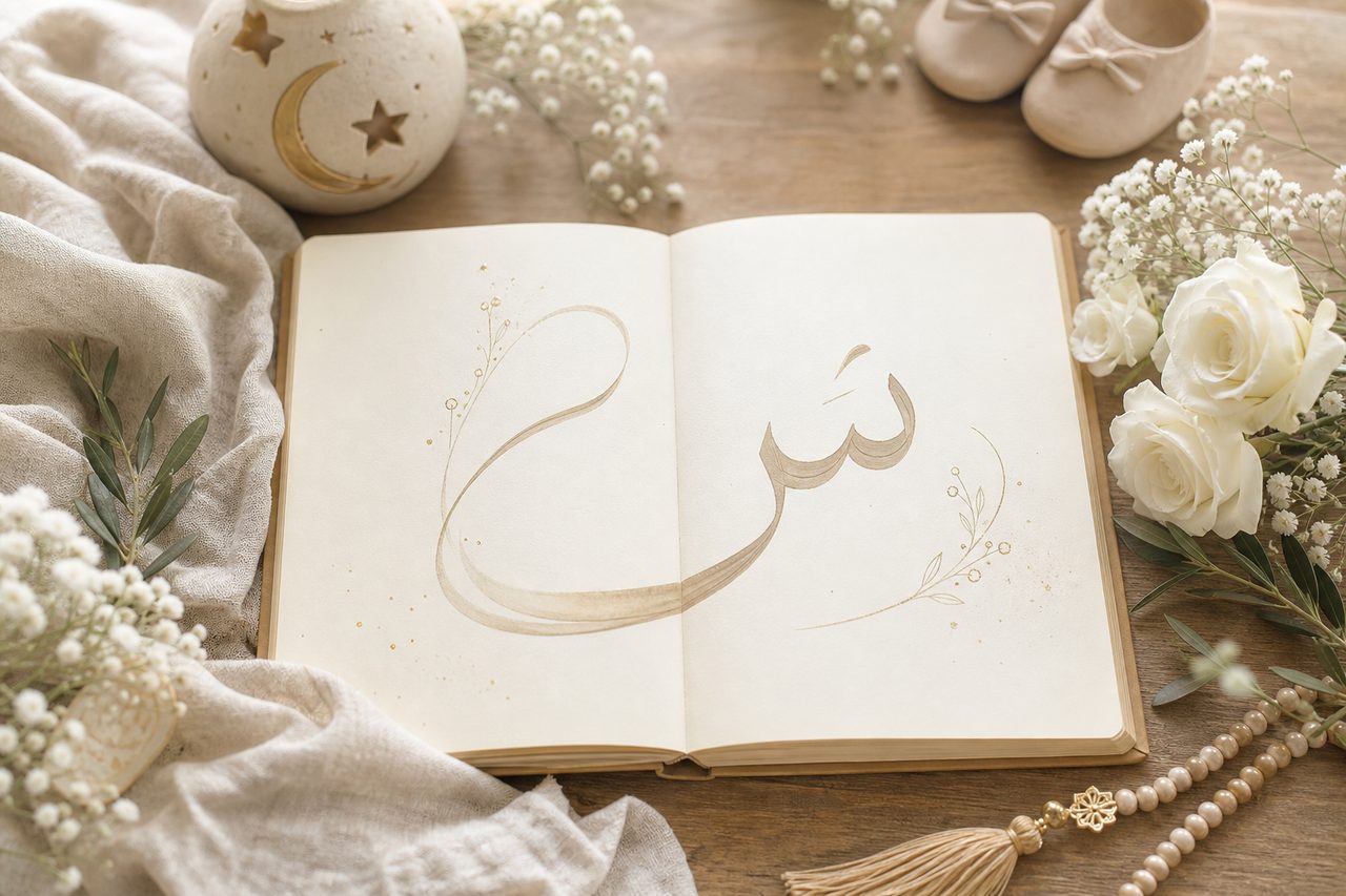 غرفة هادئة مضاءة بضوء طبيعي ناعم مع دفتر أسماء عربية وزهور بيضاء