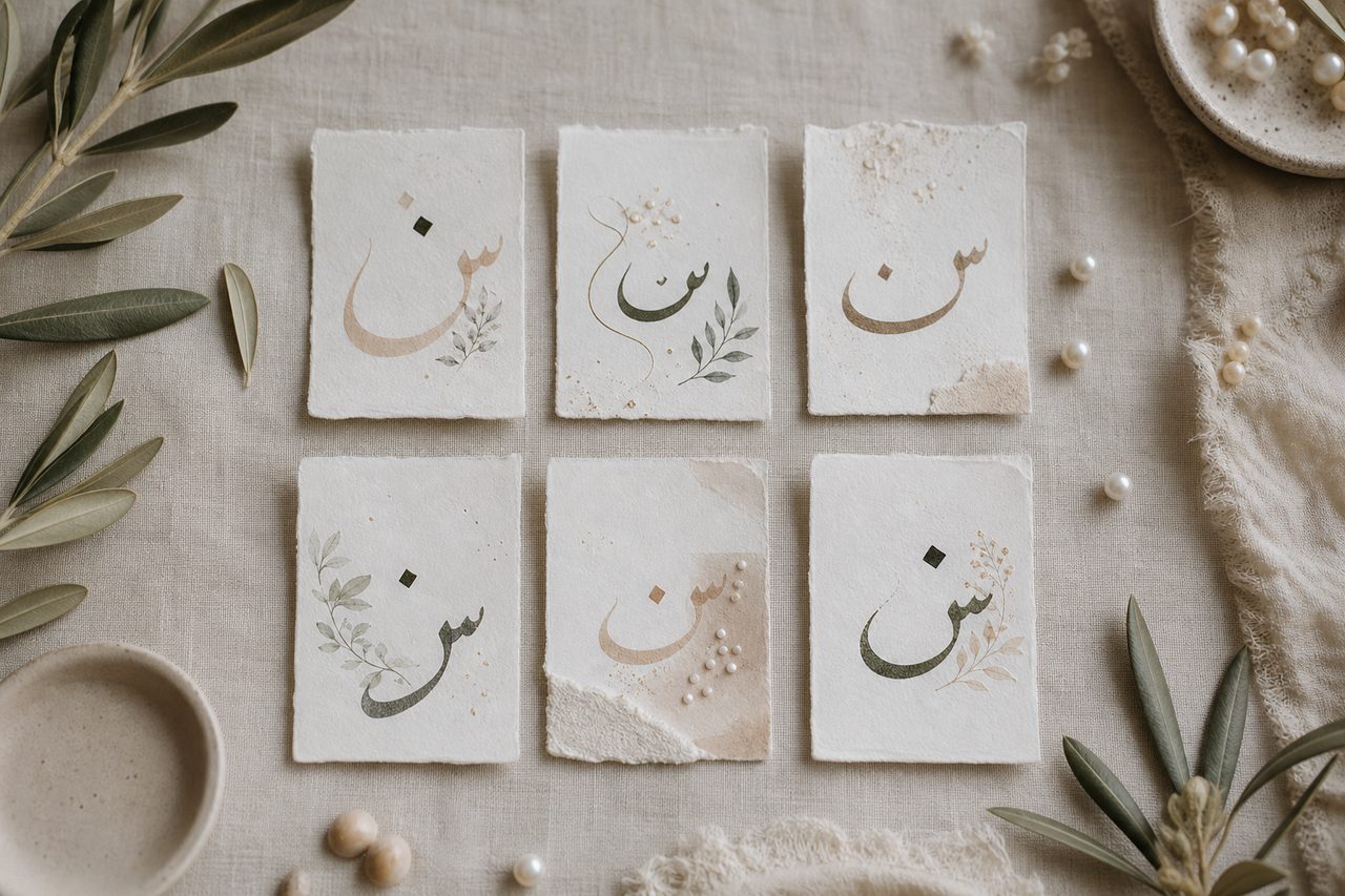 بطاقات أسماء عربية بحرف السين مرتبة بتناسق فوق قماش كتاني فاتح وإضاءة منتشرة