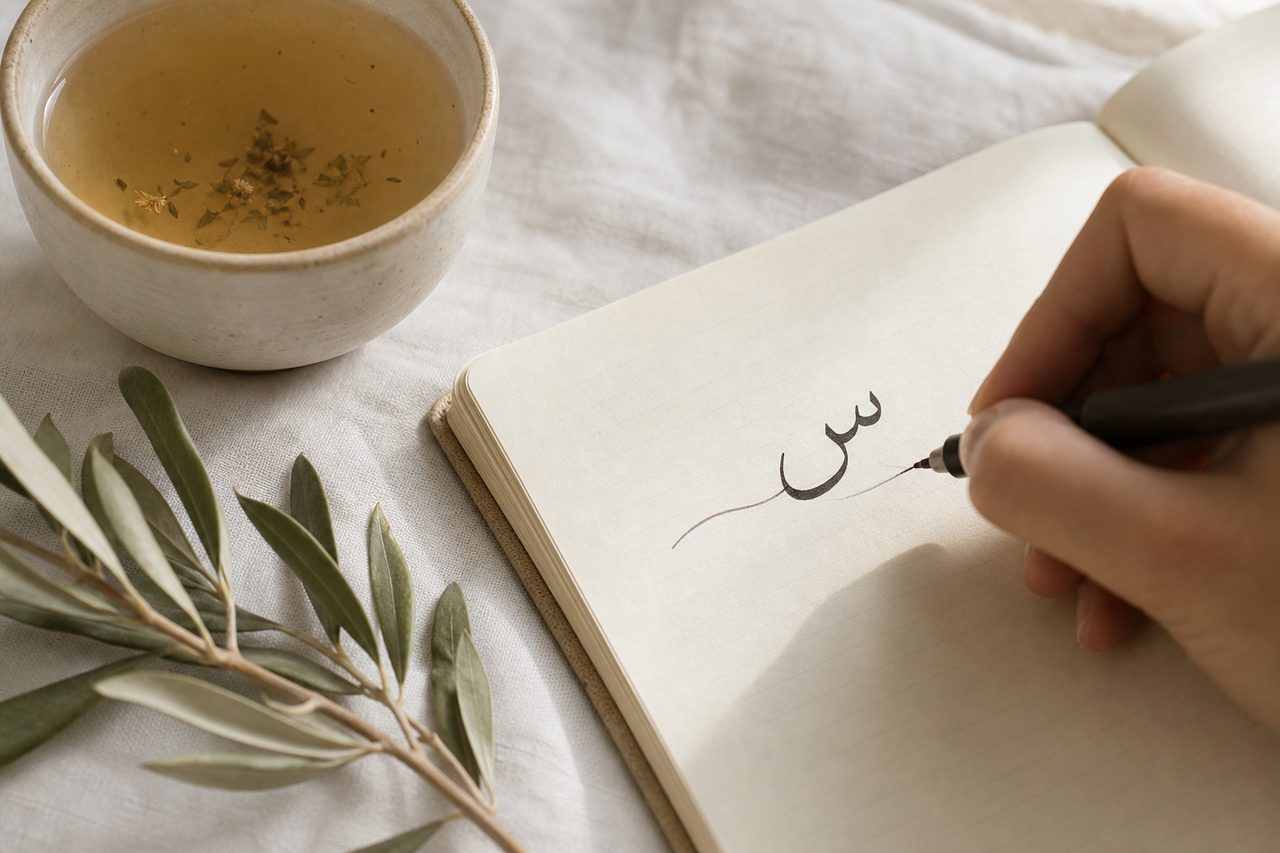 يد تكتب اسمًا عربيًا بحرف السين في دفتر بسيط بجانب غصن زيتون وضوء صباحي ضبابي