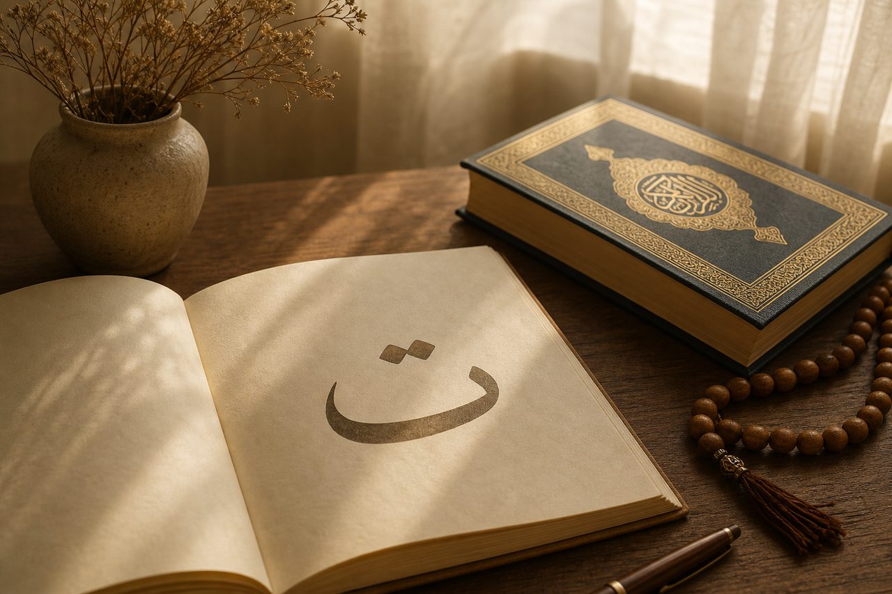 تفاصيل عربية هادئة مع مصحف وورق أسماء للأطفال