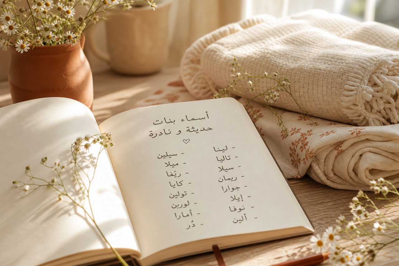 دفتر أسماء مفتوح بجانب أزهار وقطعة قماش طبيعية