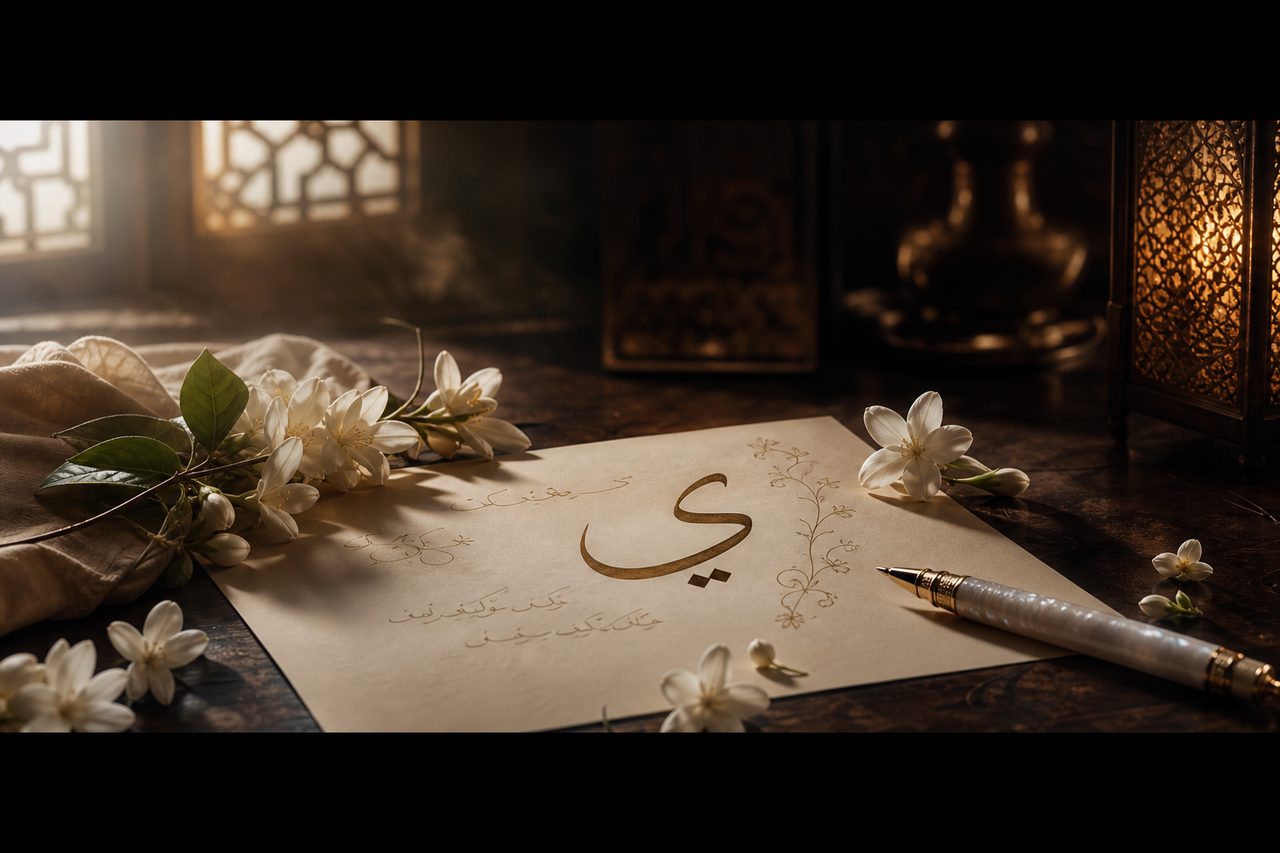 أسماء بنات بحرف الياء مكتوبة بخط عربي في مشهد سينمائي دافئ