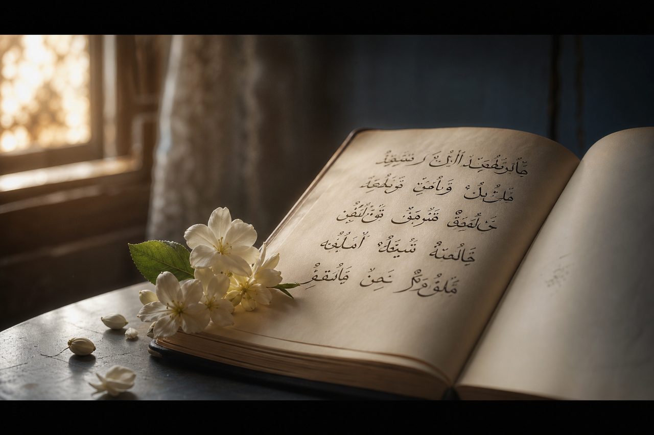 دفتر أسماء عربية مفتوح مع ضوء جانبي وزهور ياسمين