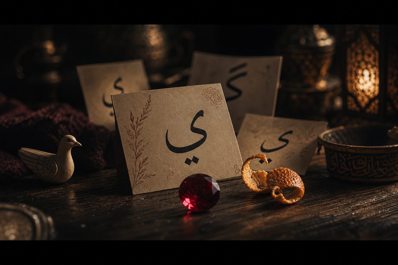 بطاقات أسماء بنات بحرف الياء على طاولة خشبية بإضاءة سينمائية