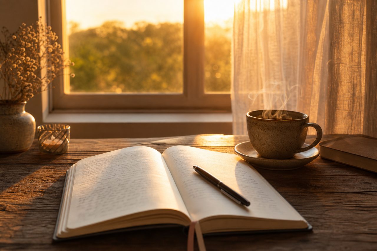 نافذة مضاءة بضوء الغروب ودفتر مفتوح يرمزان إلى كتابة الحدود وطلب السكينة