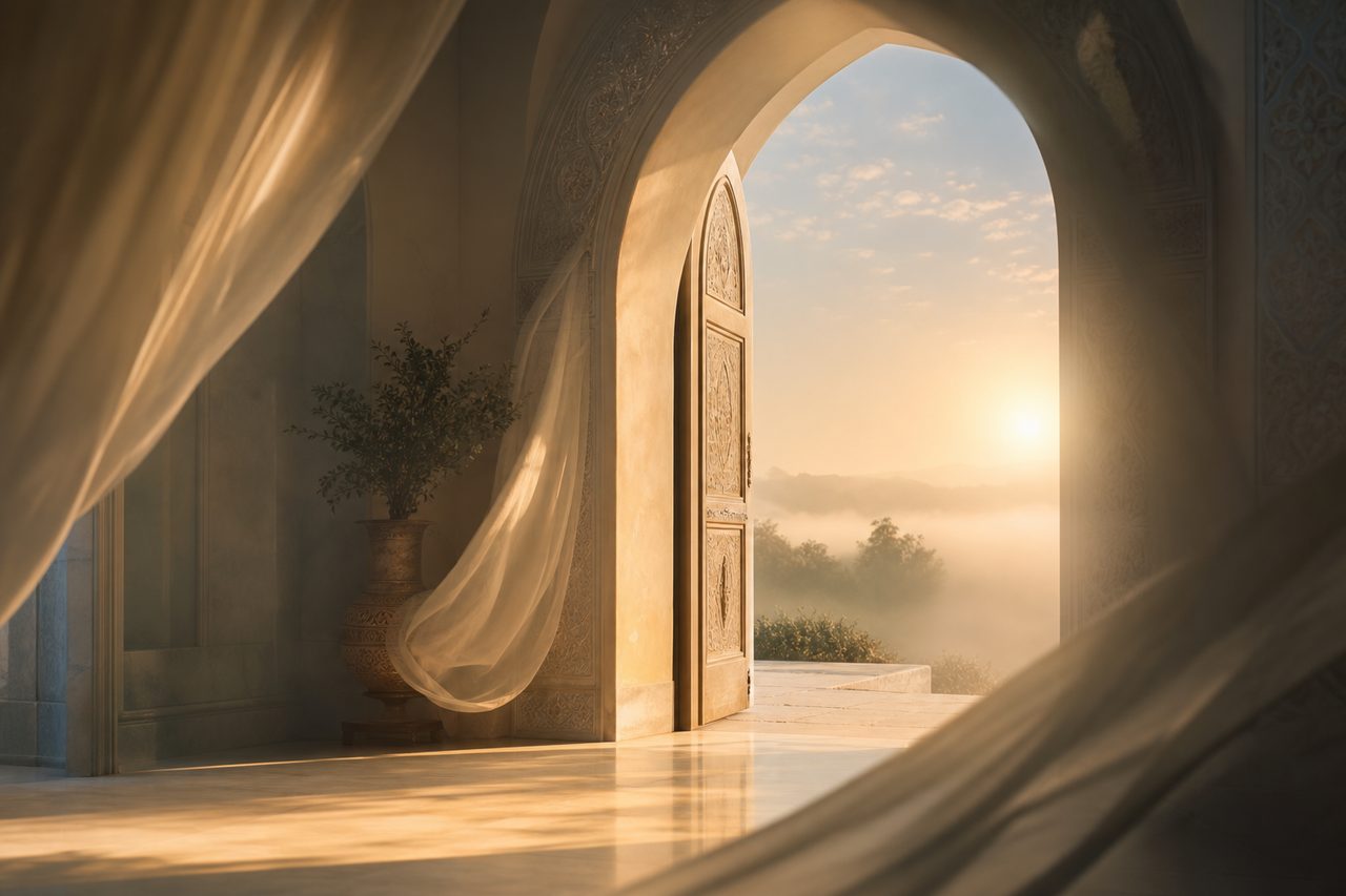 باب بيت جديد مضيء يفتح على سكينة الصباح