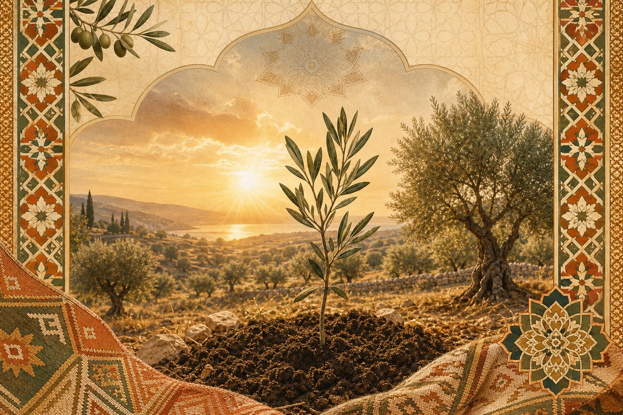 حقل زيتون بنقوش متوسطية ترمز إلى البركة والرزق الصبور