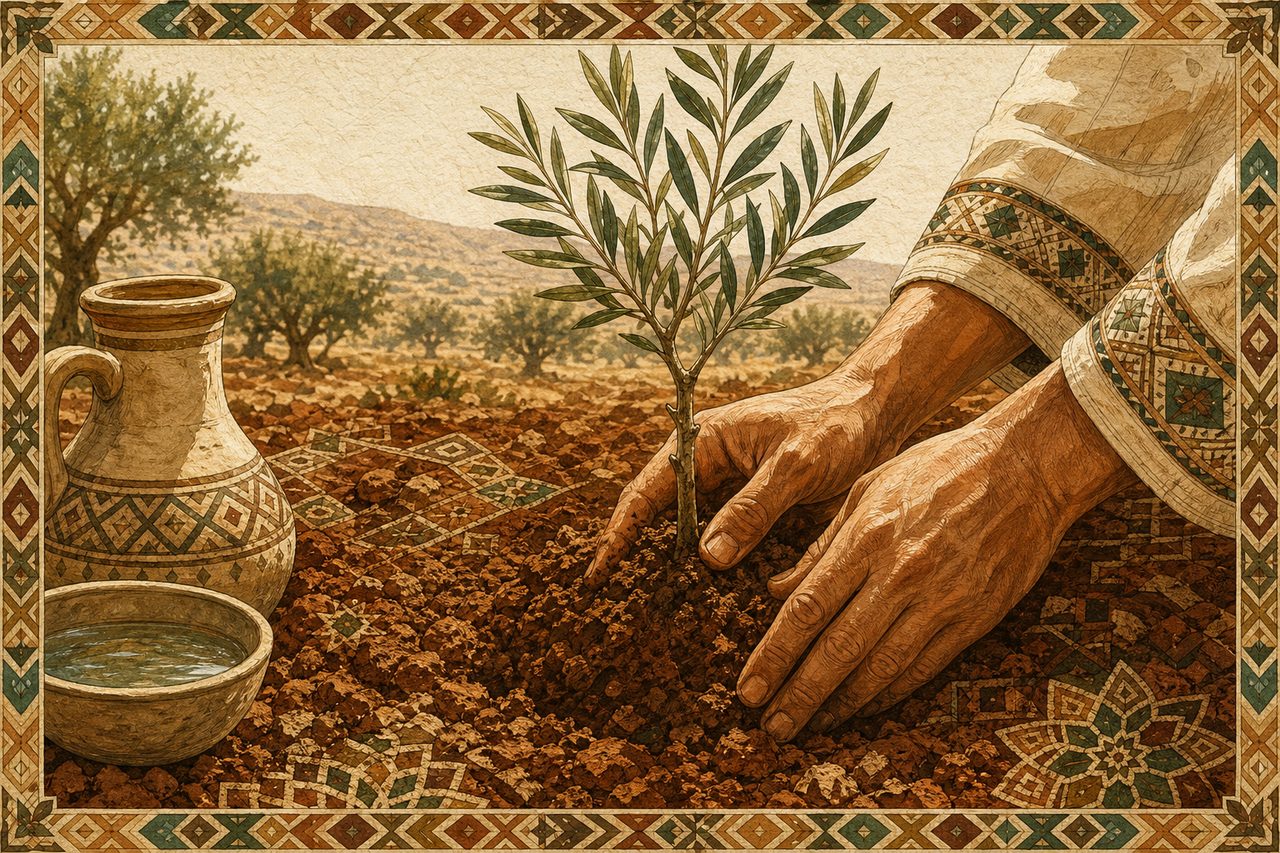 يد تغرس شتلة زيتون في تربة حمراء مع زخارف عربية ترابية