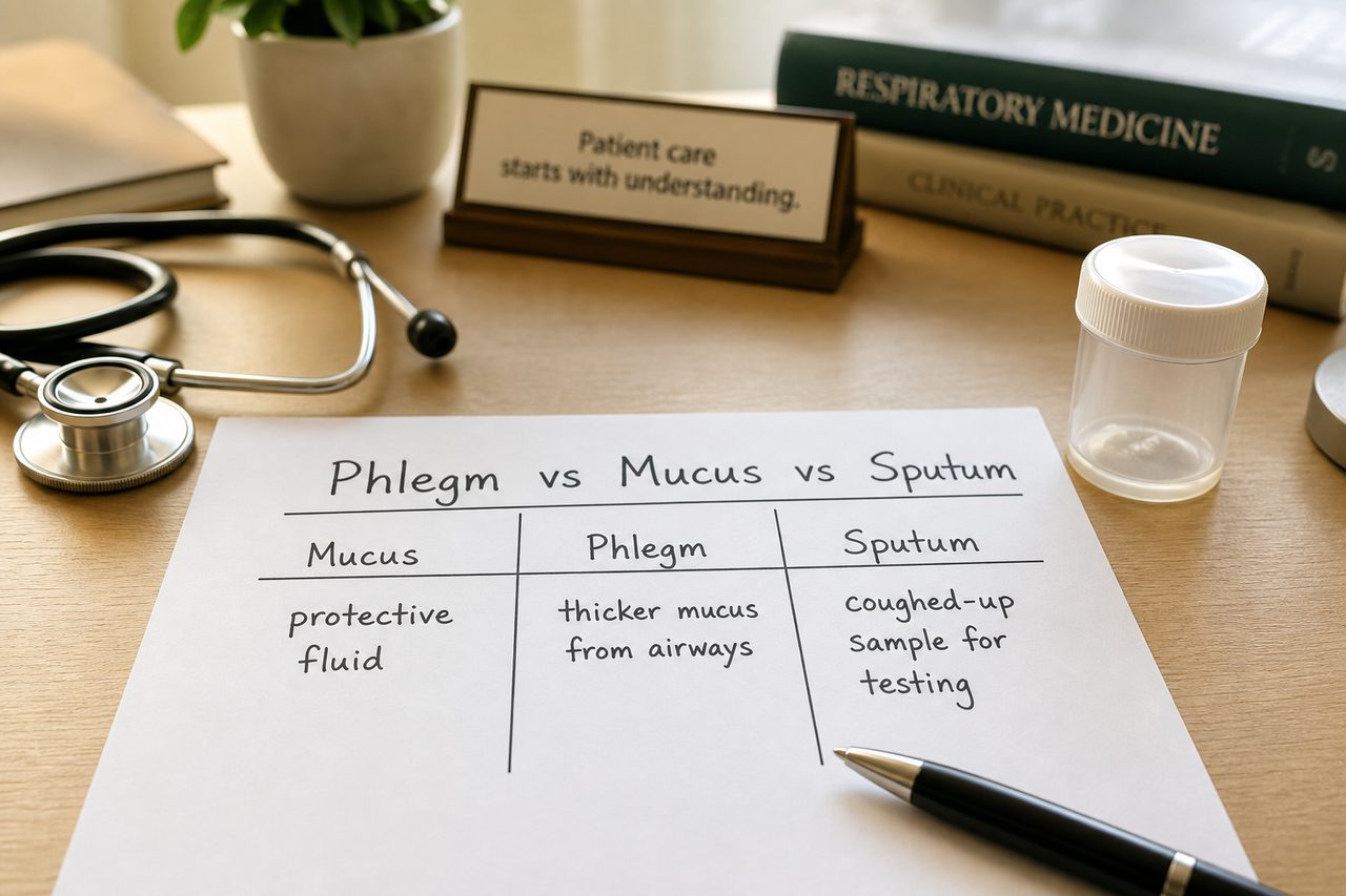 مقارنة دافئة بين Phlegm وMucus وSputum على مكتب طبي