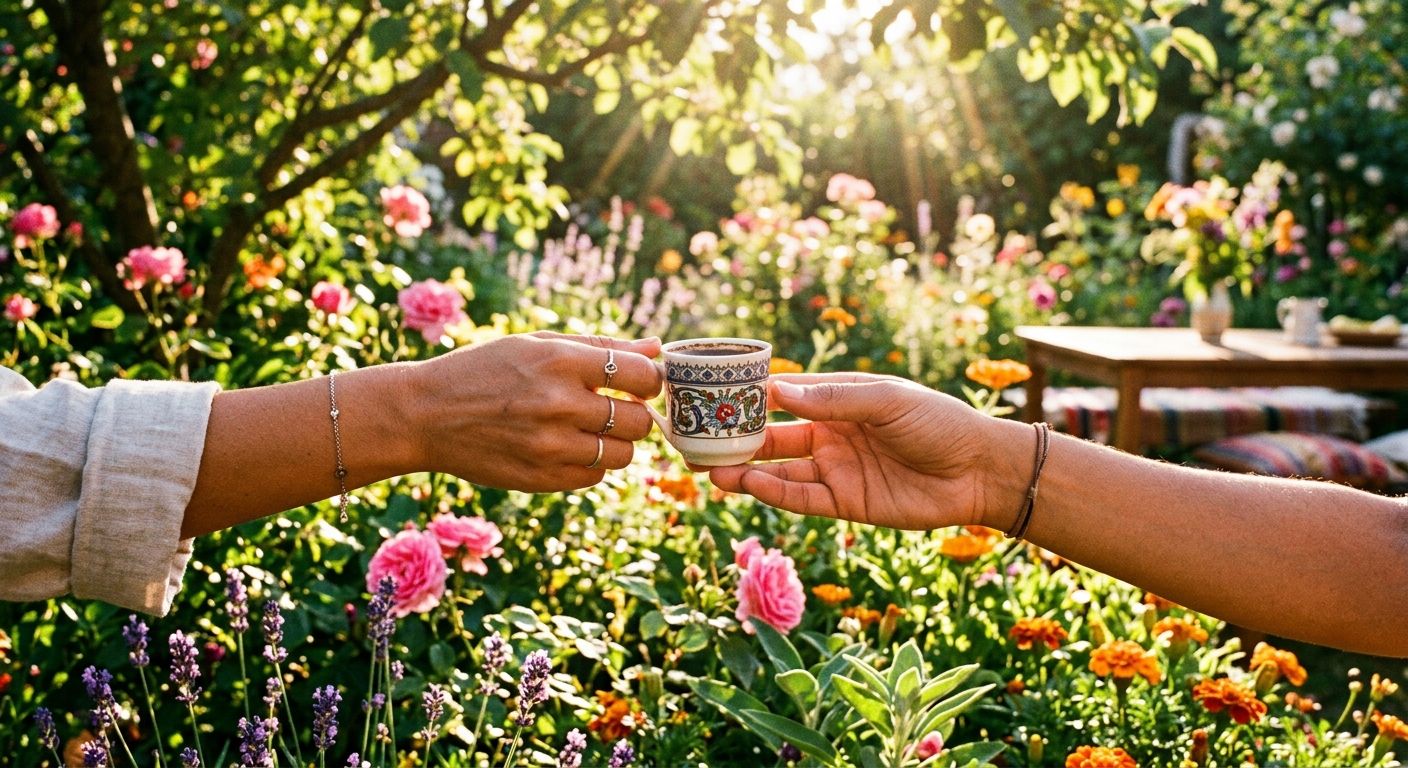 لحظة تقديم القهوة في حديقة مزهرة تعبر عن الود