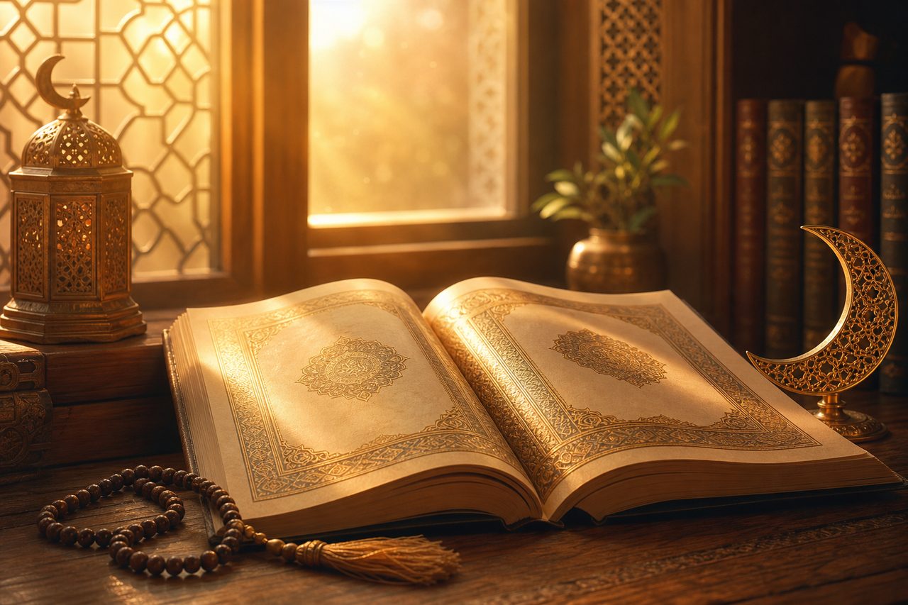 نور ذهبي هادئ فوق كتاب مفتوح يرمز إلى تفسير الأحلام في الإسلام