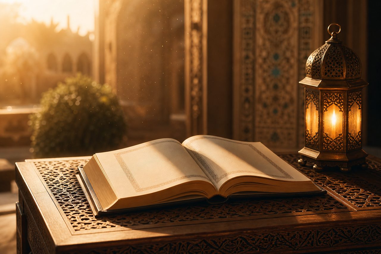 كتاب مفتوح وإضاءة ذهبية هادئة ترمز إلى التراث والتأمل