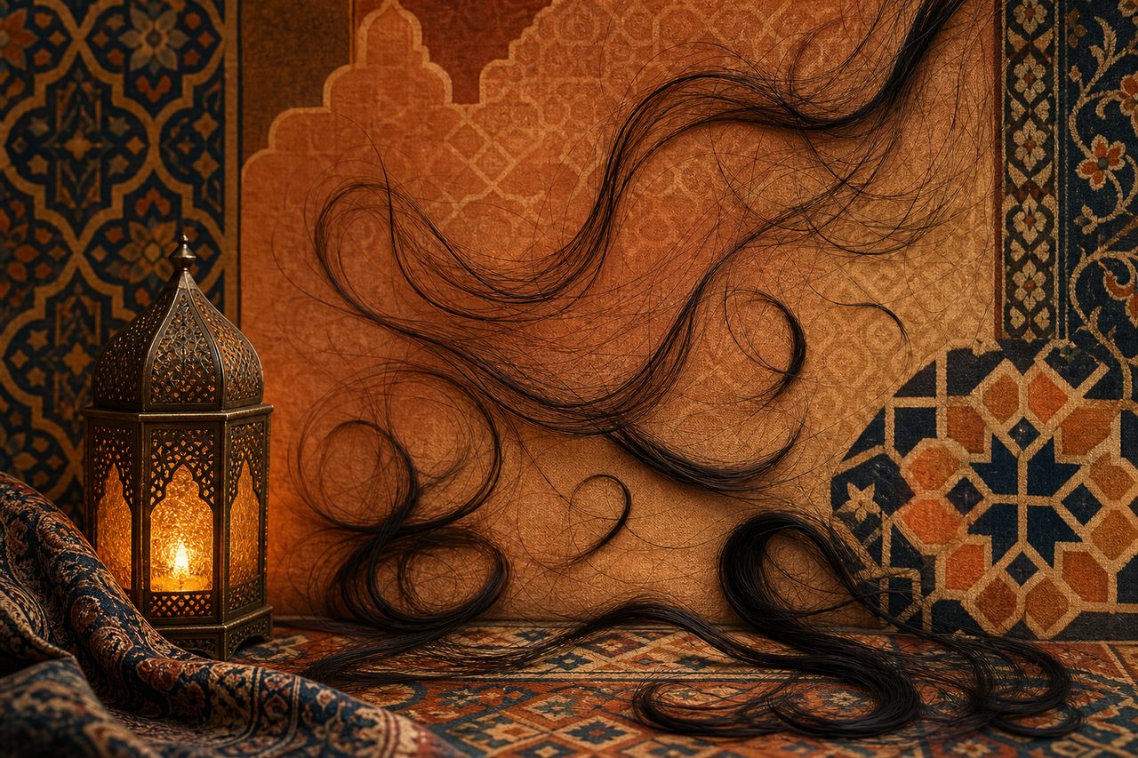 خيوط شعر تتساقط برمزية هادئة فوق نقوش عربية دافئة