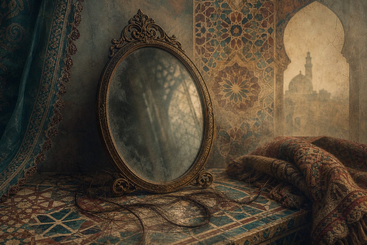مرآة قديمة وظلال هادئة وخيوط شعر فوق زخارف إثنية