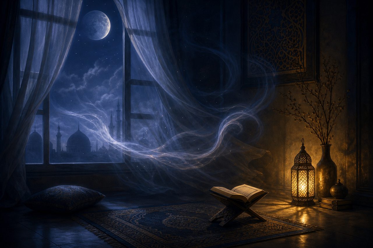ضوء هادئ يتسلل إلى غرفة ليلية رمزية عن تفسير حلم الجن