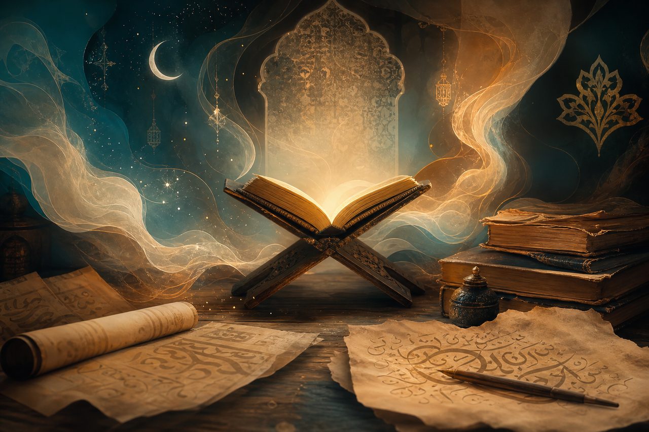 مخطوطات تراثية وضوء قرآن في فضاء رمزي هادئ