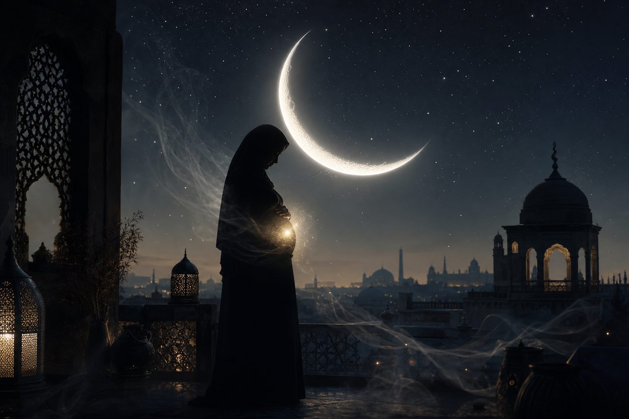 امرأة تقف تحت قمر ليلي في مشهد رمزي عن حلم الحمل