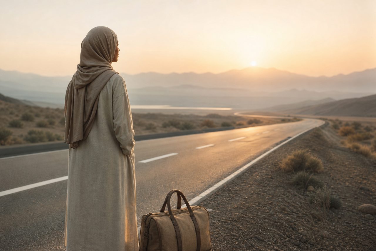 امرأة متزوجة تتأمل طريق سفر هادئ عند الفجر